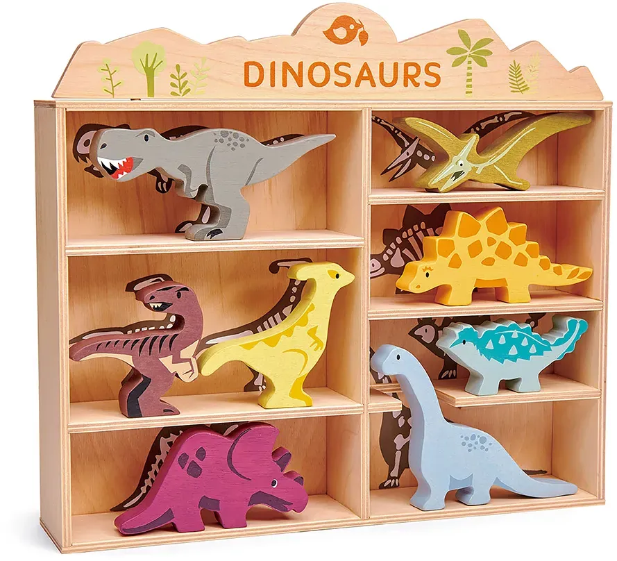 Holz-Dinosaurier-Set 8 Figuren braun/bunt aus FSC-Gummibaumholz, handbemalt - Tender Leaf - Für Kinder 3-6 Jahre, nachhaltig