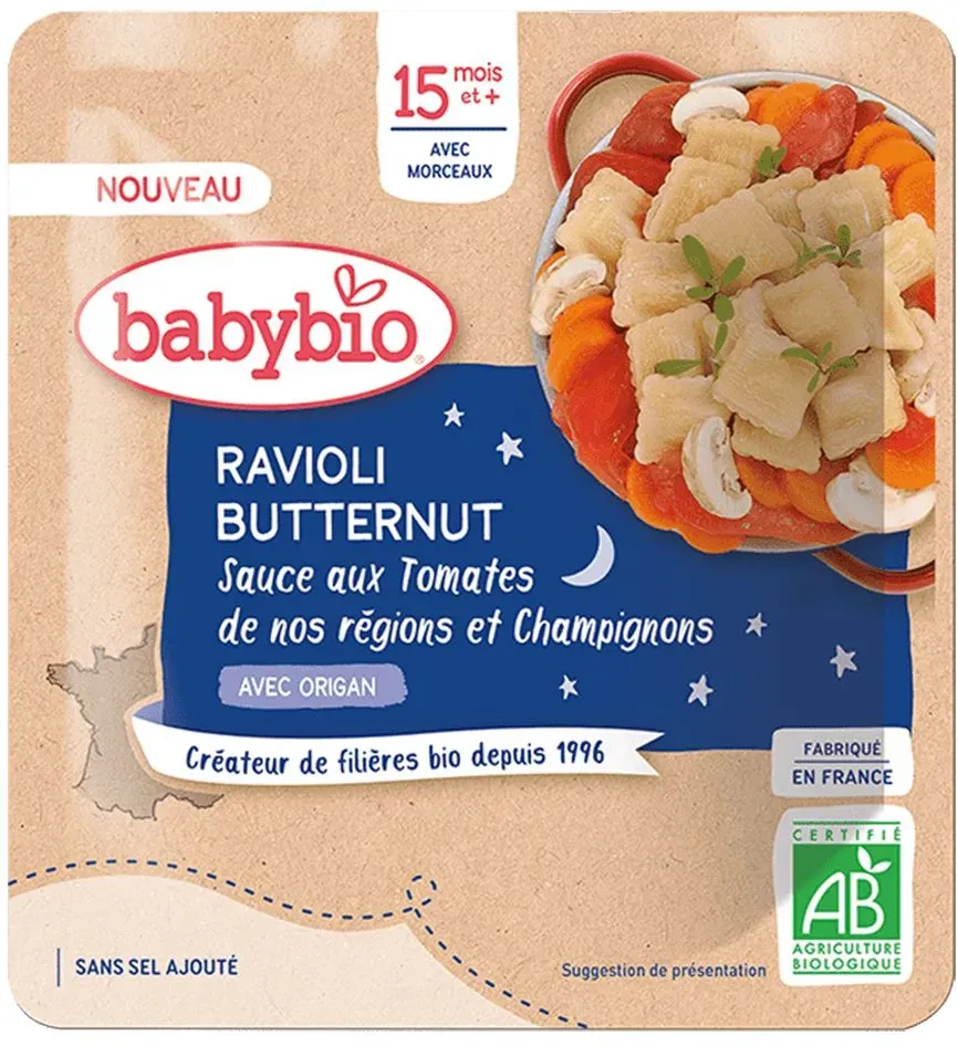 Babybio RAVIOLI BUTTERNUT SAUCE AUX TOMATES DE NOS RÉGIONS ET CHAMPIGNONS dès 15 mois 190 g Aliment