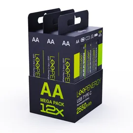 Verico LoopEnergy AA - Wiederaufladbare USB-C Batterie AA 1,5V 2550mWh 1700mAh Li-Ion, USB-C , 12er Pack AA, 3 Stück Kabel USB-A auf 4 x US