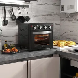 Homcom Minibackofen mit Umluft 30L Mini Ofen mit Backblech, Grillrost und Krümelblech, 90 °C-230 °C Heißluftfritteuse mit 7 Modi, Frittierkorb - Schwarz
