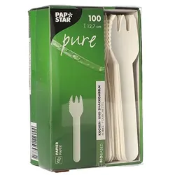 PAPSTAR 100 Kuchen- und Snackgabeln, Papier "pure" 12,7 cm weiss mit einseitig gezacktem Rand