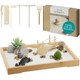 Navaris Mini Zen Garten Kit Deko Zengartenset eckig mit Zubehör Sand in Weiß