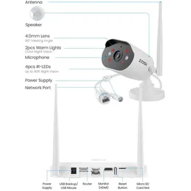 ZOSI 3MP WLAN Überwachungskamera Set Außen Weiß
