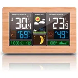 VORRINC Wetterstation Funk mit Außensensor,Wettervorhersage,Farbdisplay,Innen Aussen Digital Thermometer,Hydrometer Feuchtigkeit, DCF Empfangssignal Funkuhr,Mondphase(Wood)