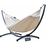 Potenza Outdoor Hängematte mit Verzinkter Gestell für 2 Personen I Baumwolle Doppelhängematte XXL 220x160, 200kg I Hängemattengestell 220kg, wetterfest (Ecru, Basic Gestell Graphit)