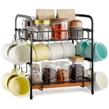Vevor Kaffeebar-Organizer Becherhalter mit 2 Ebenen multifunktionaler Tassenhalter und Kaffeestation, 12 bewegliche Haken & 2 Ablagen zur Aufbewahrung und Präsentation von Kaffeezubehör (Schwarz)