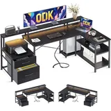 luxuskollektion L-förmiger Schreibtisch mit Schubladen und LED-Beleuchtung, Schwarz