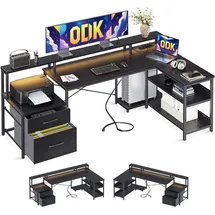 luxuskollektion L-förmiger Schreibtisch mit Schubladen und LED-Beleuchtung, Schwarz