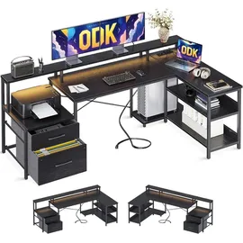 luxuskollektion L-förmiger Schreibtisch mit Schubladen und LED-Beleuchtung, Schwarz