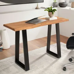 Kadima Design Schreibtisch Massivholz Industriell  118x41 cm Akazie Live-Edge  Goldbraun-Schwarz  Schmal & Platzsparend  Weser Kollektion