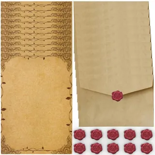 Vintage Briefpapier mit Umschlag Set, Briefpapier Set mit 10 Vintage Papier Umschläge, 16 Vintage A5 Briefpapier und 10 Wachs Siegel Aufkleber, Briefpapier Edel für Hochzeit Einladungskarten (Style B)