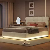 Fortuna Lai Polsterbett 140x200cm mit Bettkasten und LED-Beleuchtung, hydraulisches Boxspringbett mit höhenverstellbarem Kopfteil und Lattenrost, ... - Beige