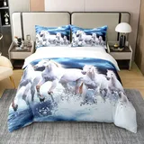 100% Bio-Baumwolle Weißes Pferd Bettbezug 135x200,Bauernhaus Wildlife Tröster Bezug mit Mond,3D Running Horse Tröster Bezug mit Reißverschluss Krawatten für Kinder Teens Erwachsene,Blau
