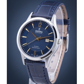 Festina Uhr Für Herren F20007/3 Swiss Made Silber Edelstahl Case BlauLeder Band