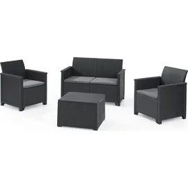 KETER Lounge Set Emma 8-teilig - graphit 2 Sessel + 2er Sofa + 1 Tisch mit Stauraum Sitzauflagen;