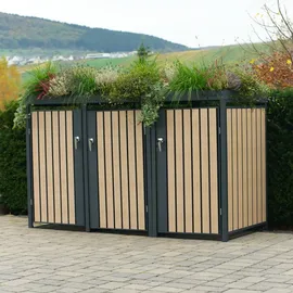 Zelsius Mülltonnenbox mit Pflanzdach für 2 Mülltonnen Anthrazit RAL 7016, Tür in Holzoptik