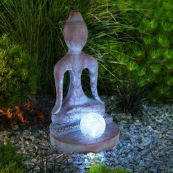 Solarleuchte Gartendeko Gartenfigur Buddha Feng Shui Deko Garten wetterfest, Kunststoff Glas grau- bronze, 1x LED kaltweiß, LxH 17,5 x 30 cm