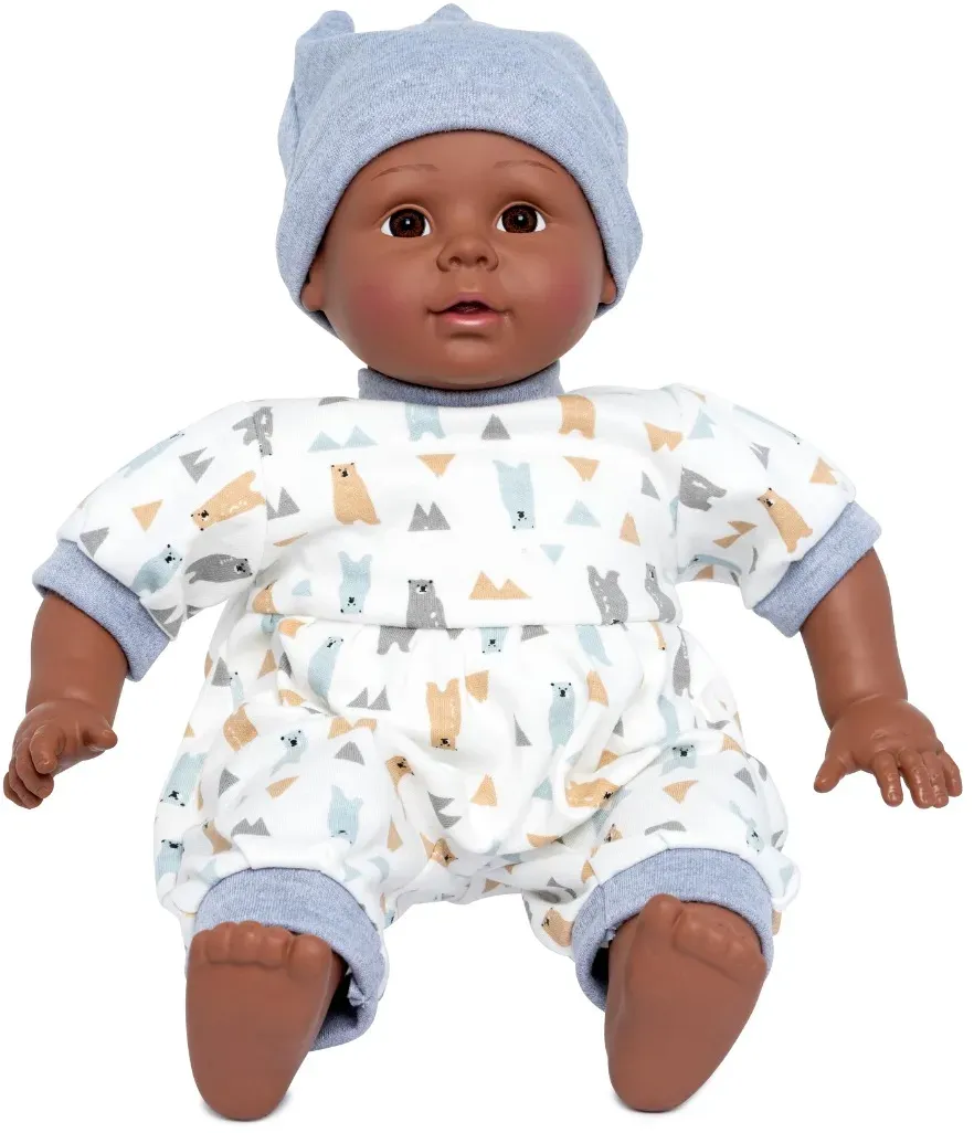 Babypuppe 40 cm Stoffkrper Vinyl Kopf Arme Beine Beige/Wei/Natur - mamamemo Puppe Luca - Lebensechte Augen, Strampler, Mtze