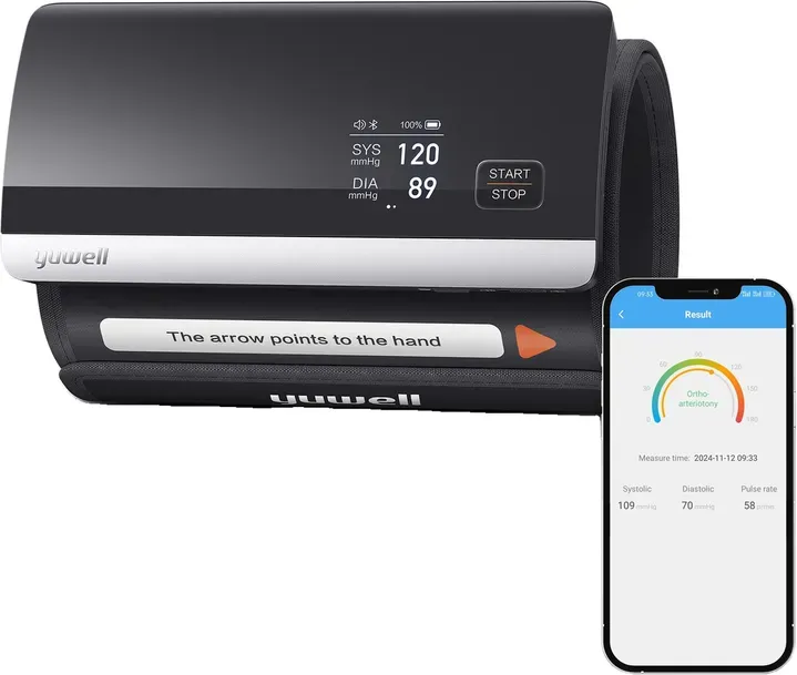 yuwell Intelligentes Blutdruckmessgerät mit Bluetooth | Extra große Manschette für 22–45 cm, Sprachausgabe, Vorhofflimmern-Erkennung, wiederaufladbarer Akku, Kostenlose App für iOS & Android (YE630CR-AFIB)