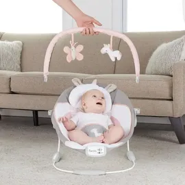 Ingenuity Ingenuity, Babywippe mit Vibration und Melodien, Flora the Unicorn - abnehmbare spielbogen, gepolsterter Kopfstütze, Sicherheitsgurt, Babysitz ,Lautstärkeregler, grau / rosa,