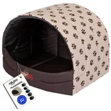 millybo Hundehütte Hundehöhle Hundebett Hundehaus S-XL (R1 (45 x 33 cm), beige mit Muster (Pfötchen))