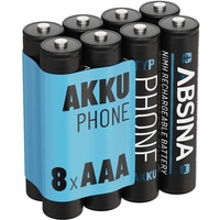 ABSINA Akku AAA für Telefon 800 mAh 8er Pack - NiMH AAA Akkus wiederaufladbar für Telefon mit 1,2V - Telefonakkus AAA für DECT Telefon schnurlos, Schnurlostelefon, Haustelefon - Telefonbatterie