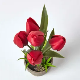 Homescapes Kunstblumen, Tulpen rot im Steinoptik-Topf, 27 cm,