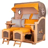Mr. Deko bene,iving Strandkorb Komplettset Ammersee Grande XL Teak Bullauge PE grau Modell 586 inkl. Liftersystem Schutzhülle Doppelrollen Glasbecherhalter