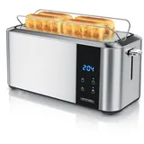 Arendo Toaster Langschlitz, Brötchenaufsatz, Wärmeisoliertes Gehäuse, Display, Touch, 2 lange Schlitze, für 4 Scheiben, 1500 W, LED-Anzeige mit Restzeit, Touchdisplay, Brötchenaufsatz silberfarben