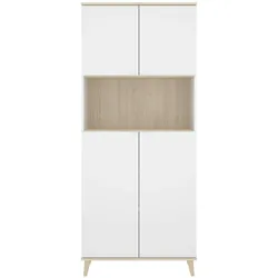 Dmora Sideboard Spino, Wohnzimmer-Pantry-Buffet, modernes Wohnzimmer-Sideboard mit 4 Türen, 80 x 40 x 191 cm, Weiß und Eiche