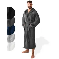 SIEGENTHAL Herrenbademantel 100% Baumwolle Frottee Velours mit Kapuze Wadenlang Wellness und Spa, Kapuze, Bindegürtel, Wadenlang, 2x Taschen, 100% Baumwolle, weich und elegant grau XL/XXL