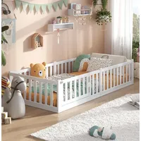 ALAVYA HOME ALAVYA HOME® Kinderbett Bodenbett "TITAN" mit Tür- aus Buchenholz (Weiß, 120 x 200 cm inkl. Rausfallschutz & Lattenrost