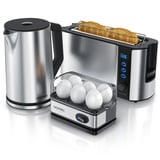 Arendo Frühstücksset 3-teilig, 2-Scheiben Toaster, 6er Eierkocher, Wasserkocher 1,5L, Silber