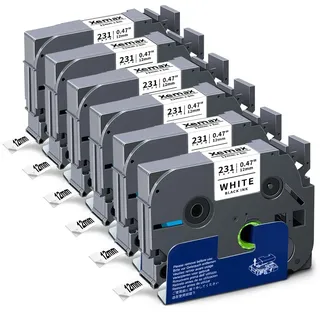 6x XemaX Schriftband Kompatibel für Brother P-touch Bänder TZe-231 TZe 12mm 0,47'' Etikettenband für Brother Beschriftungsgerät PT-1010 H105 D600 H100R H110 H101C H100LB H200 D400, Schwarz auf Weiß