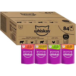 Whiskas 1+ Katzenfutter nass - ab 1 Jahr - 84x85g Portionsbeutel - Klassische Auswahl in Sauce - Katzen Nassfutter - Großpackung