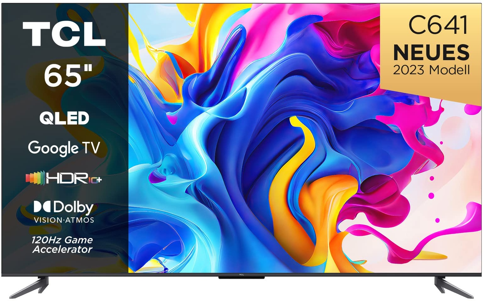 TCL C641 QLED 4K UHD Fernseher 65 Zoll (164cm), 120 Hz Gaming, HDR10+, Dolby Vision, Dolby Atmos, Smart TV, Triple-Tuner DVB-T2/S2/C, Google TV, Schwarz, 2023