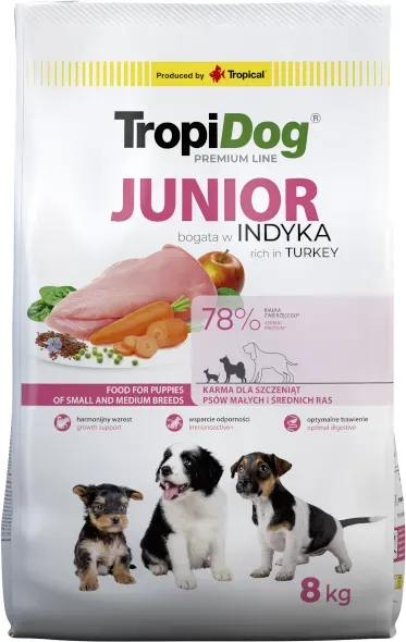 TROPIDOG Premium Junior Small und Medium Breeds reich an Lachs und Reis 8 kg