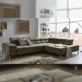 KAWOLA Ecksofa Nelson Velvet Recamiere rechts mit motorischem Sitzvorzug olivgrün