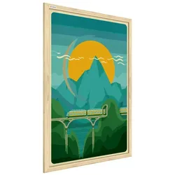 ALLBoards Ein Zug vor dem Hintergrund der Berge, 60x40cm im Naturholzrahmen, Magnettafel