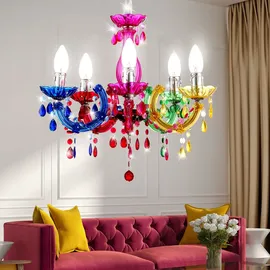 GLOBO Kronleuchter modern Pendelleuchte Schlafzimmerleuchte 5 flammig, Kristalle bunt, Metall Acryl, 5x E14, DxH 44 x 128 cm