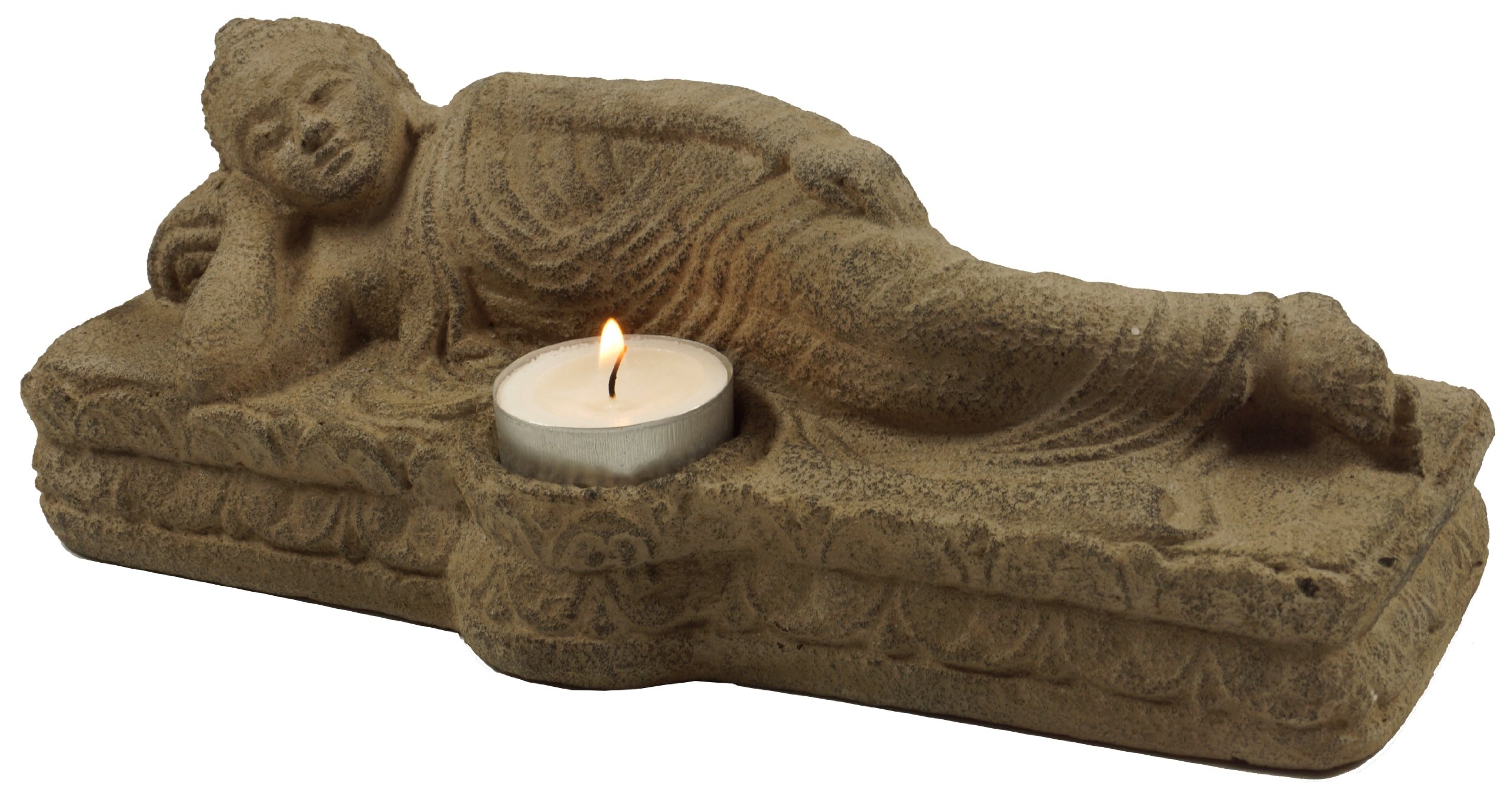 GURU SHOP Kerzenständer Sandstein Buddha - Grau, 10x25x8 cm, Teelichthalter & Kerzenhalter