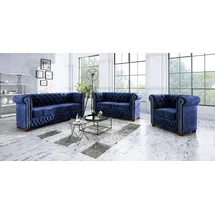 s-style möbel Chesterfield Couch Samt 3-Sitzer + 2-Sitzer + Sessel Blau