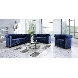 s-style möbel Chesterfield Couch Samt 3-Sitzer + 2-Sitzer + Sessel Blau