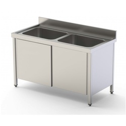 Cofrise Steel Industriespüle Edelstahl 2 Becken Edelstahl mit Türen 1400x600x850mm