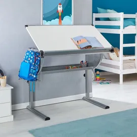CARO-Möbel Kinderschreibtisch Sari höhenverstellbar in weiß/alu, Schreibtisch für Kinder neigbar mit Rille für Stifte, Schülerschreibtisch mit Ablage und... Rucksackhalterung