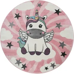 Kinderteppich PACO HOME "Cosmo 395", pink, H:12mm Ø:160cm, Polypropylen, Teppiche, 3D-Design, niedliches Einhorn Motiv, Pastell-Farben, Kinderzimmer