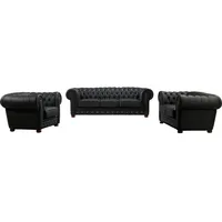 Salottini Chesterfield-Sofa Chesterfield Newcastle Sofagarnitur Leder 3/2/1, 3 Teile, Taschenfederkern schwarz