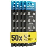 ABSINA AG10 LR1130 Knopfzelle 50er Pack - 1,5V Alkaline Knopfzellen auslaufsicher & mit Langer Haltbarkeit - LR54 / V10GA / RW49 / G10A / 189 / GP189 / L1130 / 89A - Knopfbatterien Batterien Batterie