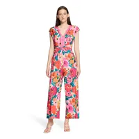 Overall VERA MONT "Damen mit Blumenprint", Damen, Gr. 38, Normalgrößen, bunt (gelb, pink), Obermaterial: 94% Polyester, 6% Elasthan, figurumspielend, Serafino, Overalls Overall