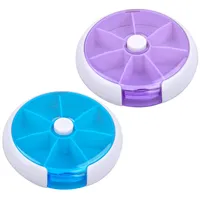2 Pcs Tablettenbox 7 Tage Klein Rund, Mini Medikamentenbox Reise Kunststoff, Tragbare Pillenbox Transparent Tablettenspender mit 7 Fächer, Wochen Pillendose für Vitamine Ergänzungen, Lila+Blau